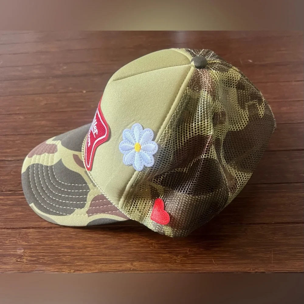 camouflage-patterned Miller High Life trucker hat featuring embroidered patches. - Picture 4 of 5